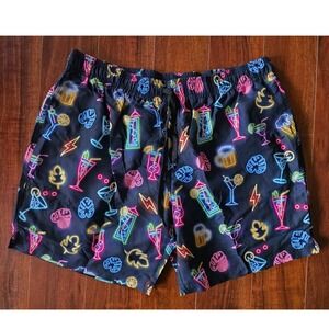 Mens Neon Cocktail Print Swim Trunks Black Multicolor Mesh Lined Shorts XXL